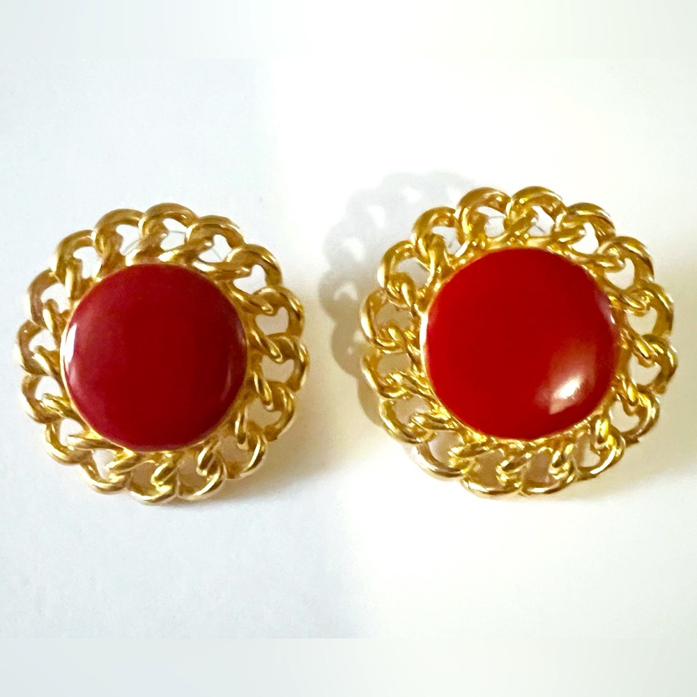 Vintage Monet Red Enamel And Gold Circle Earrings | Monet Earrings